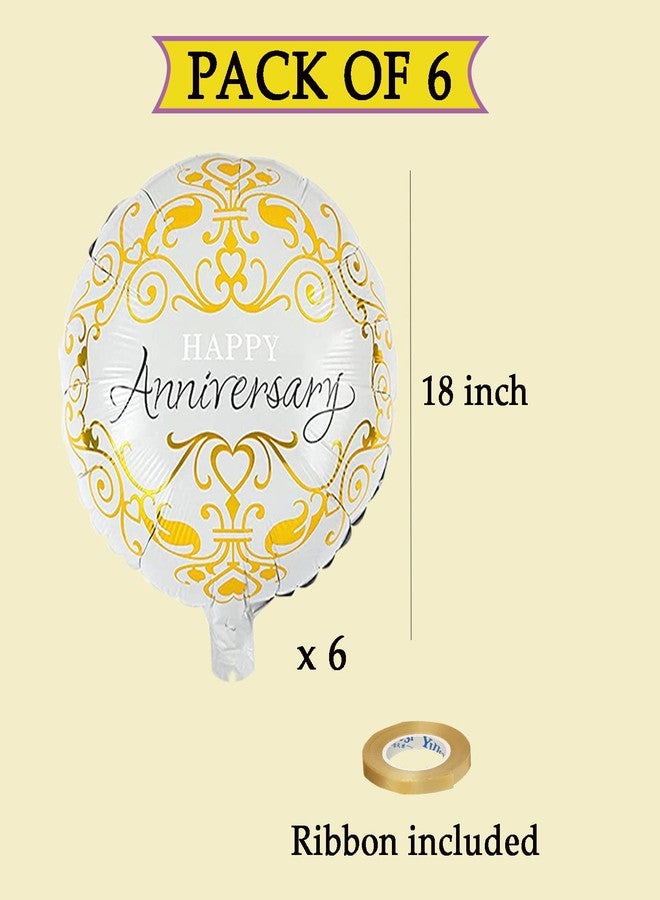 AMFIN® (Pack of 6) Happy Anniversary Round Foil Balloons for Wedding, Anniversary, Party Decoration/Anniversary Decorations Items Combo for Home Balloon - White & Golden - Image 2